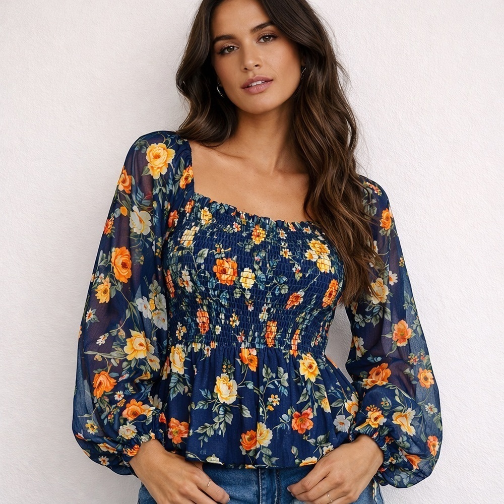 Baltic Born Navy Floral Smocked Peplum Top Small